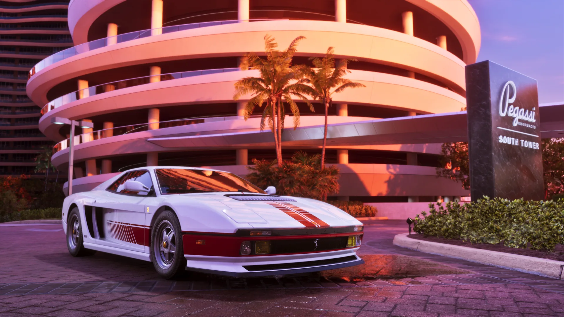 White Grotti Cheetah with red stripes outside a Vice City apartment building in official GTA VI media